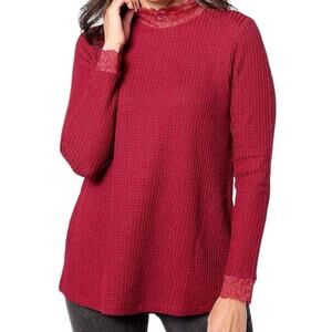 NWT LOGO by Lori Goldstein Metallic Waffle Knit Mock Neck Top w/Lace Red Trim 3X